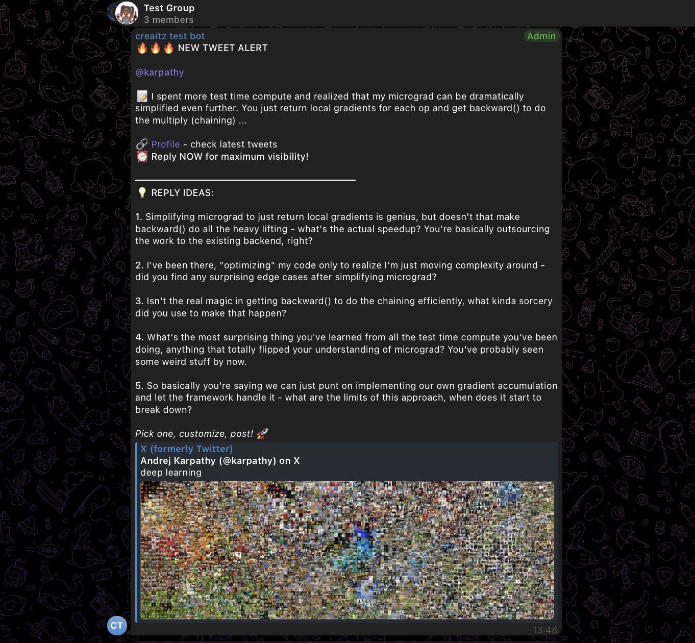 Telegram alert showing Andrej Karpathy micrograd alert
